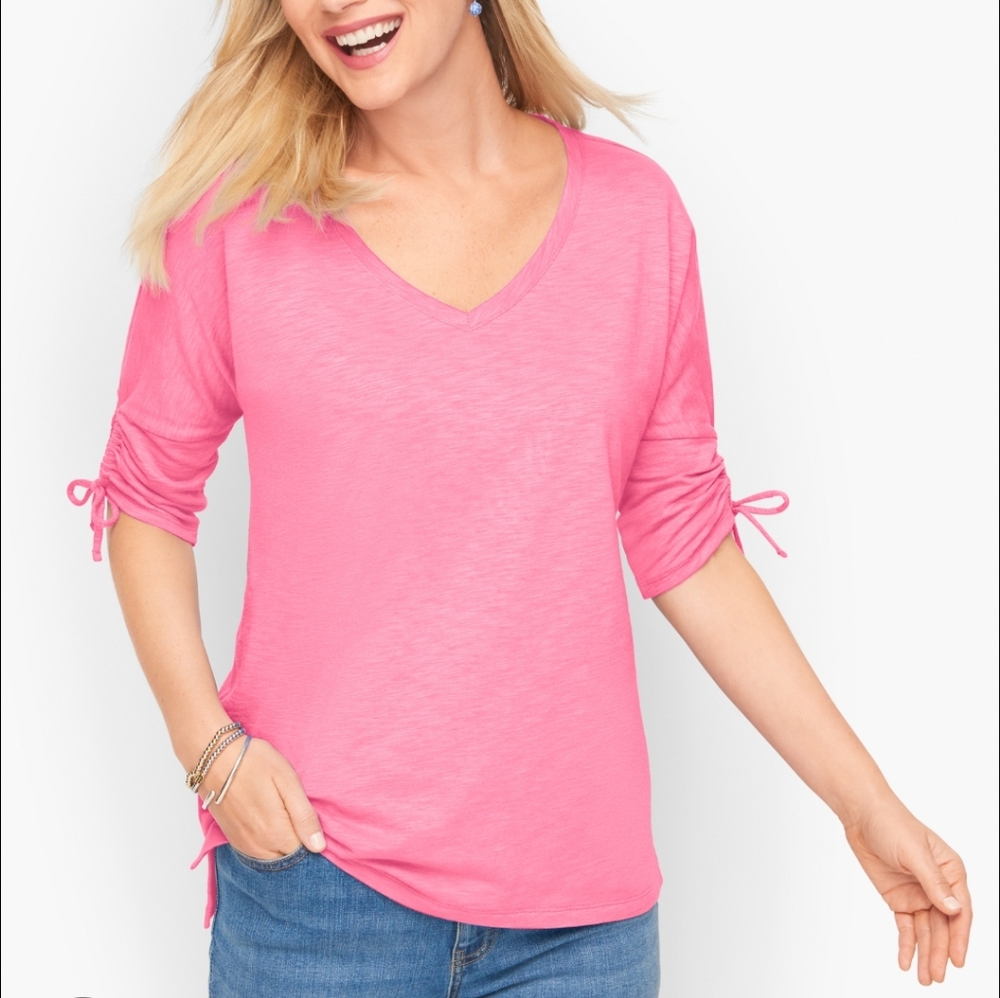 Talbots Tie Detail V-Neck Cotton Blend Short Sleeve Tee Size Small Pink Soft